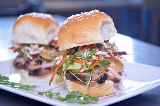 Image of Asian Barbecue Pork Sliders with Sweet Chili Peach Slaw