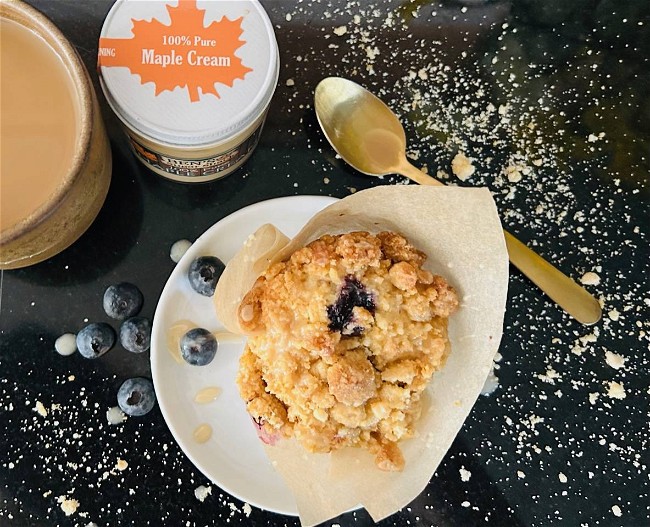 Image of Maple Crumb Blueberry Muffins w/ Maple Cream Drizzle