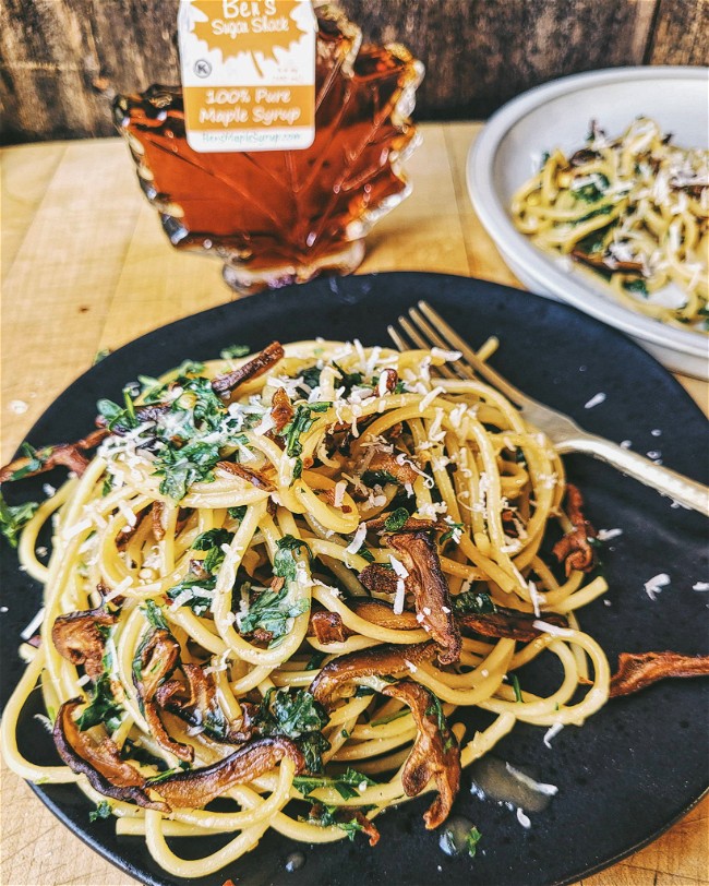 Image of Maple Buttered Pasta w/ Crispy Greens & Mushrooms Recipe