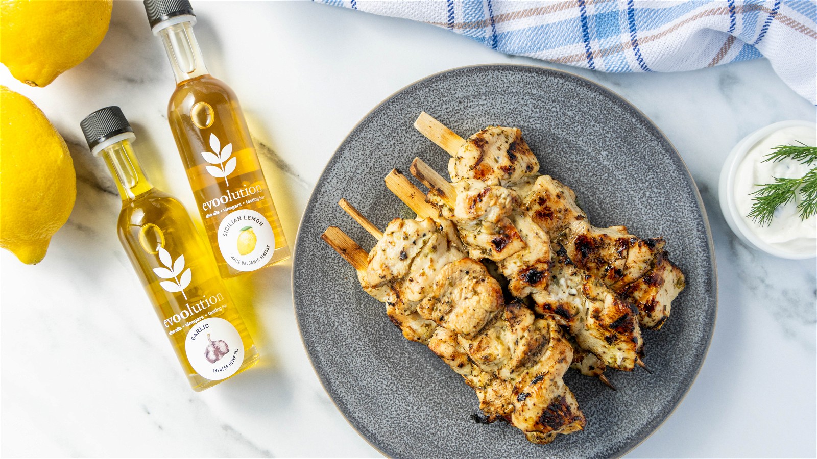 Image of Greek Chicken Skewers with Garlic Olive Oil and Sicilian Lemon Balsamic