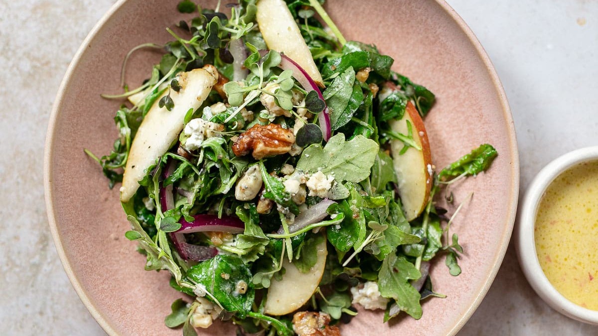Image of Pear Arugula Salad with Walnuts & Blue Cheese