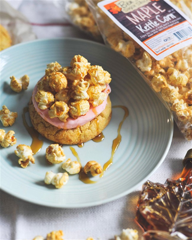 Image of Maple Popcorn Topped Sweet Corn Cookie w/ Raspberry Buttercream Recipe
