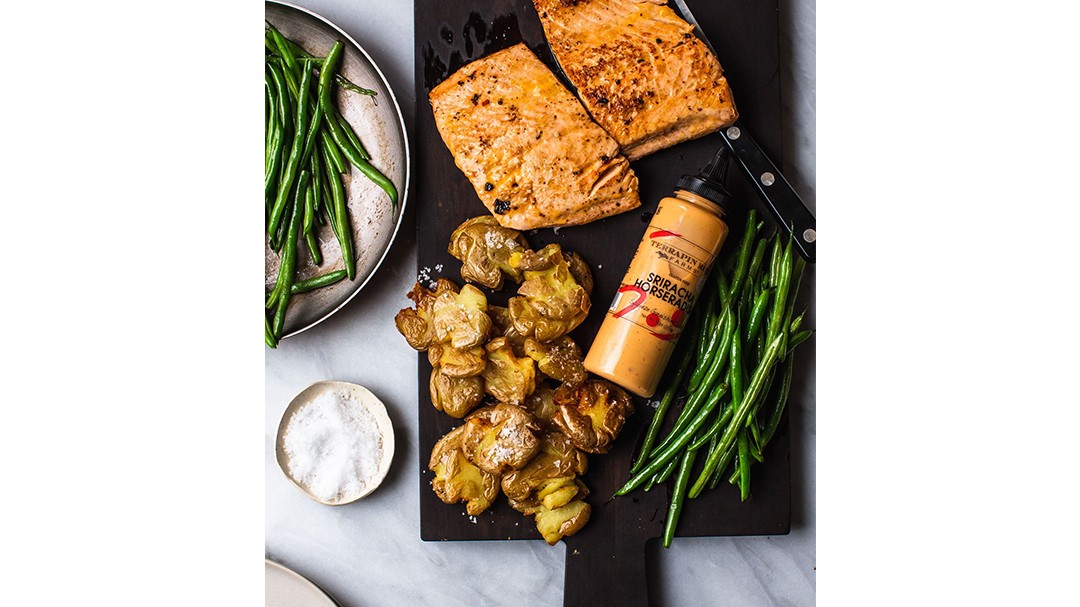 Image of Pan Seared Sriracha Horseradish Salmon with Crispy Smashed and Fried Yukon Potatoes