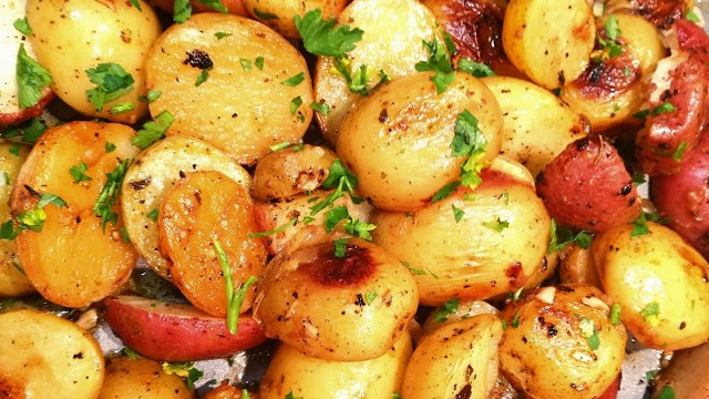 Image of Greek Style Chicken Souvlaki with Lemon, and Garlic Olive Oil Garlic Roasted Potatoes