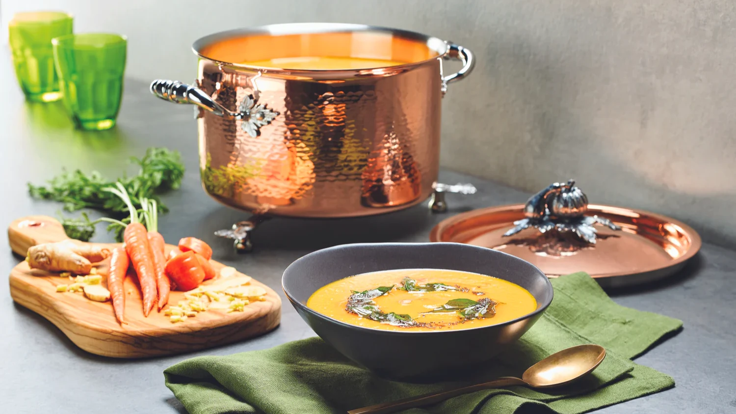 Image of Carrot soup with coconut, ginger and curry leaf tadka