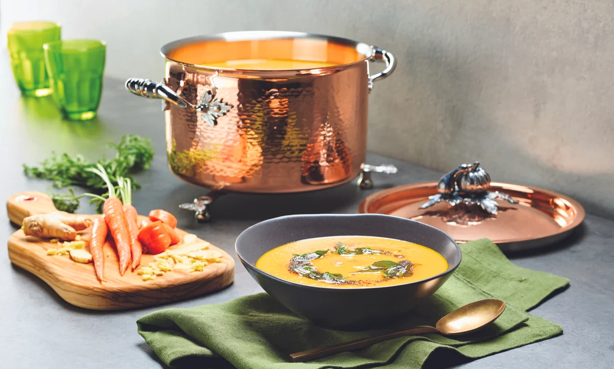 Carrot soup with coconut, ginger and curry leaf tadka
