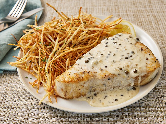 Image of Peppercorn Swordfish & Shoestring Frites Recipe