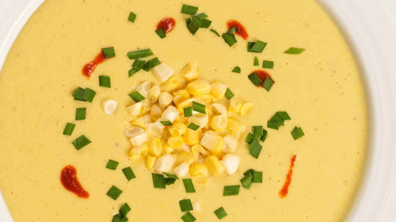 Image of Sweet Summer Corn Bisque with Crispy Fried Shallots & Alonso Coratina