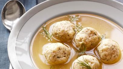 Image of Matzo Ball Soup Served with Maine-ly Drizzle's Certified Kosher Garlic Basil Fettuccine Gourmet Fres