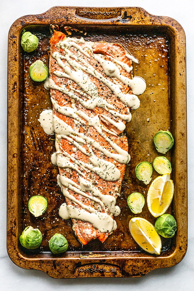 Salmon Steaks with Lemon Green Tahini Sauce