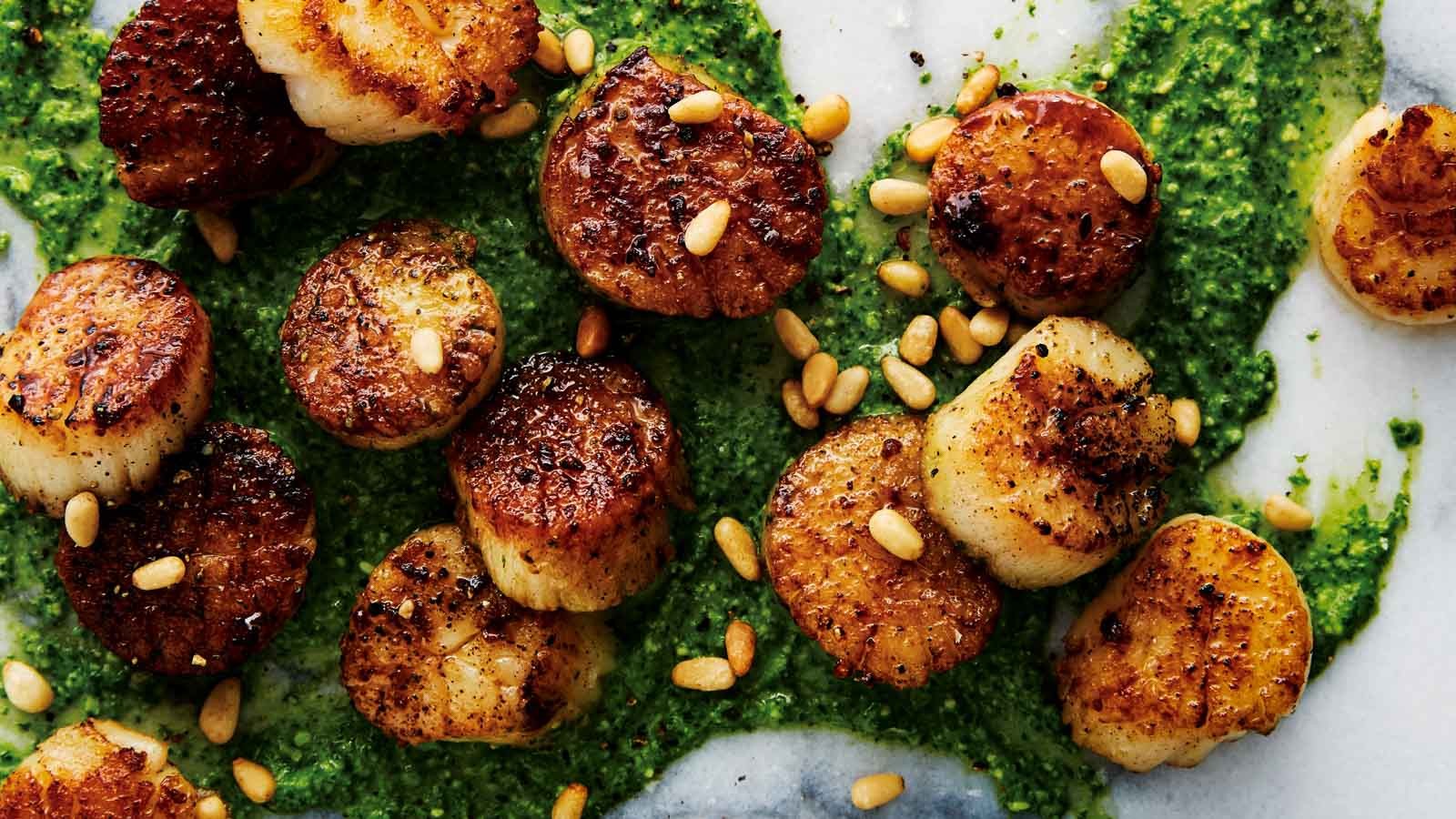 Image of Scallops - Roasted Walnut and Arugula Pesto Linguini with Seared Lemon Scallops