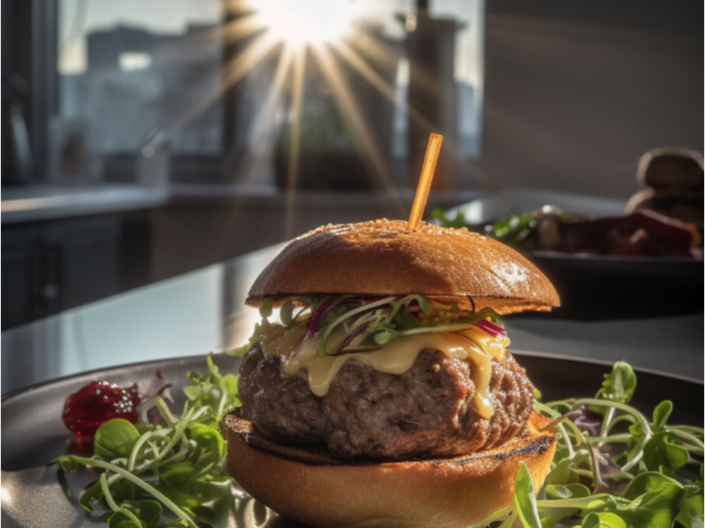 Hamburger Con Patatine Fritte Su Piastra Nera Con Salsa Sul Lato