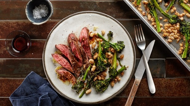 Image of Skirt Steak with Maine-ly Drizzle's Balsamic Vinaigrette, Broccolini, and White Beans