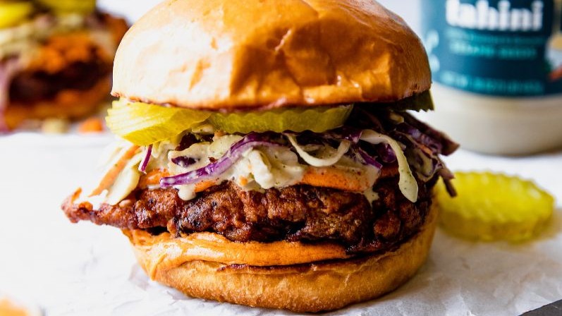 Image of Buffalo Tahini Fried Chicken Sandwich with Tahini Ranch Slaw