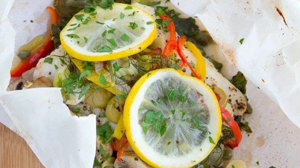 Image of Fresh Snapper En Papillote with Maine-ly Drizzle organic Arbequina Extra Virgin Olive Oil