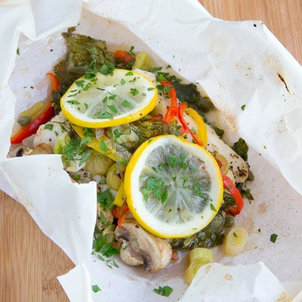 Fresh Snapper En Papillote with Maine-ly Drizzle organic Arbequina Extra Virgin Olive Oil