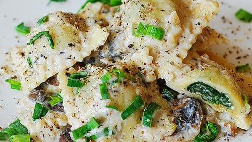 Image of Goat Cheese Ravioli with Caramelized Shallots & Mushroom-Sage