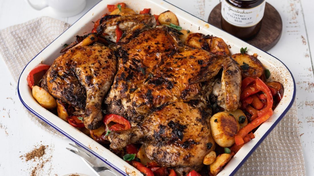 Image of Spiced Chicken 'Al Mattone' with Peppers and Potatoes