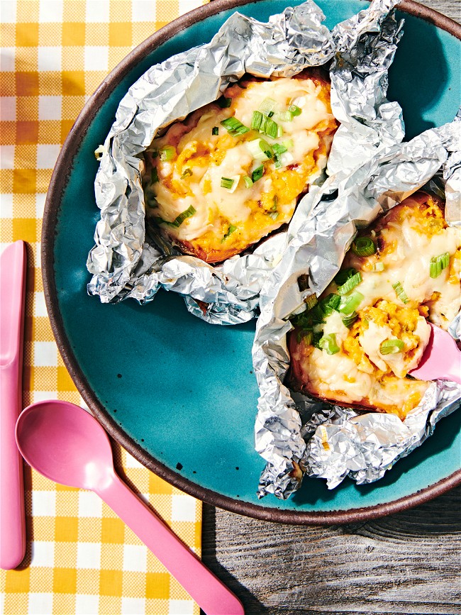 Image of Spicy Twice Baked Sweet Potatoes with Bacon & Cheddar 