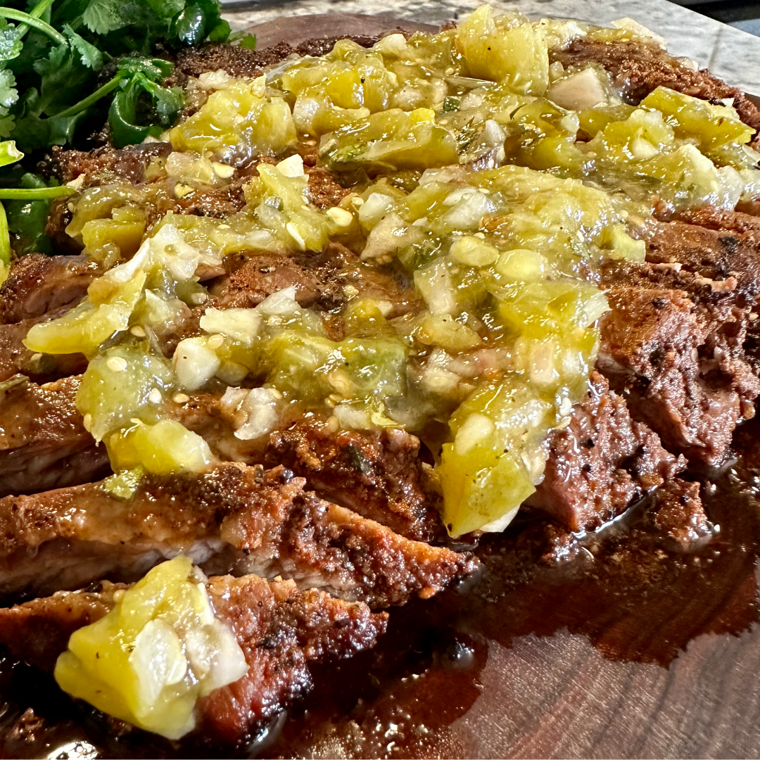 Buffalo Flank Steak with Homemade Tomatillo Salsa