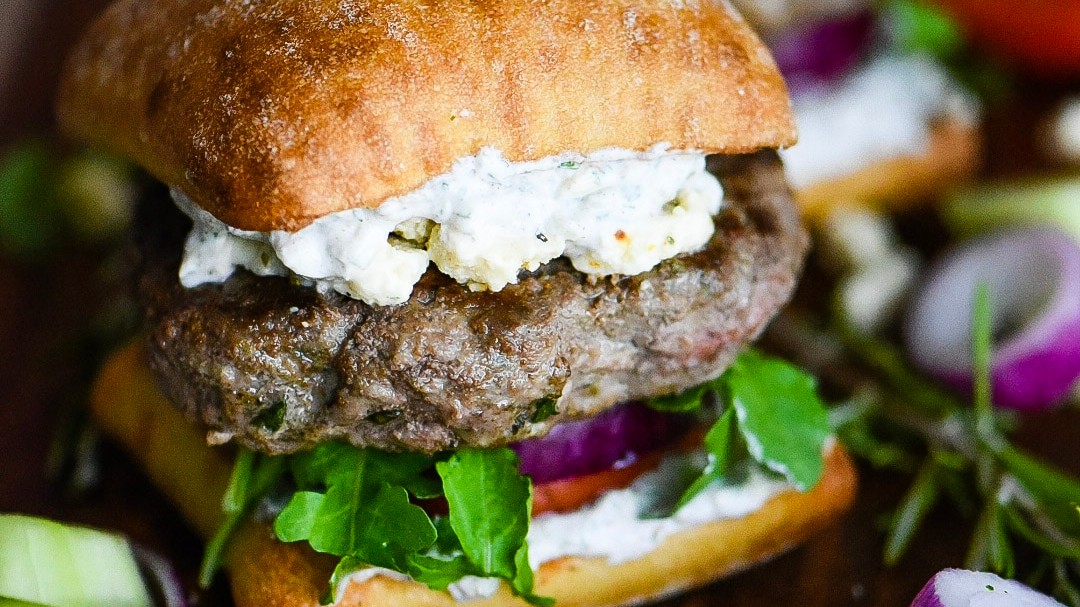 Image of Grilled Lamb Burgers with Maine-ly Drizzle Tzatzki Sauce