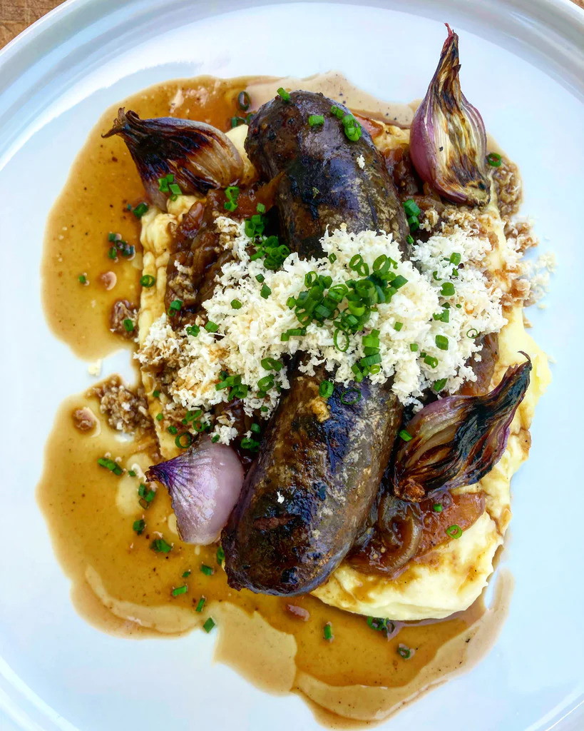 Dark Beer Braised Elk Bratwurst and Onions