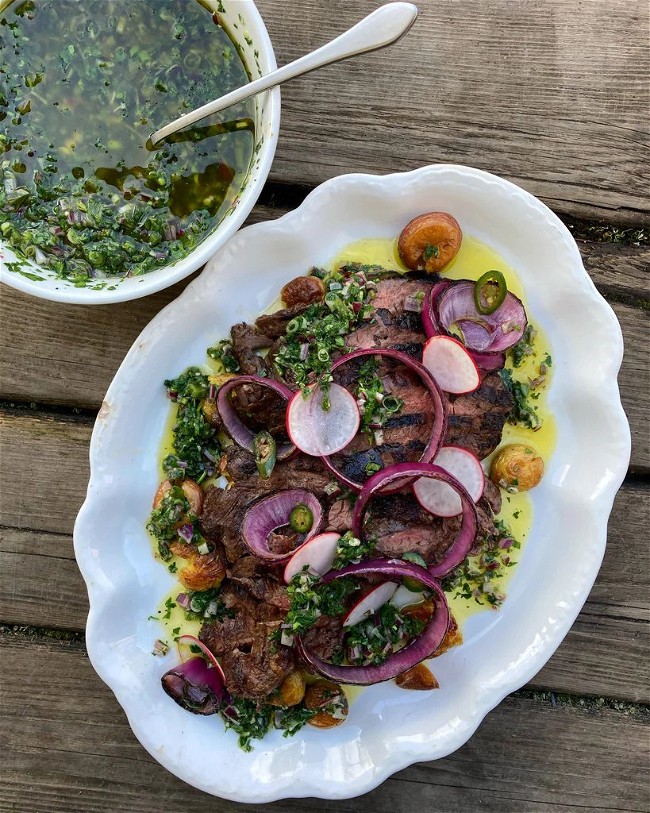 Image of Charcoal Grilled Bison Skirt Steak with Spring Inspired Chimichurri