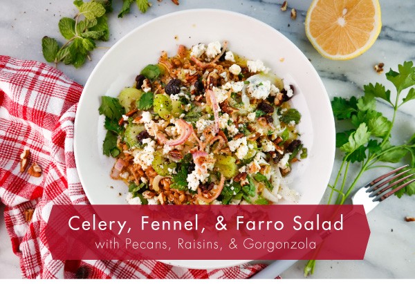 Image of Celery, Fennel, & Farro Salad with Pecans, Raisins, & Gorgonzola