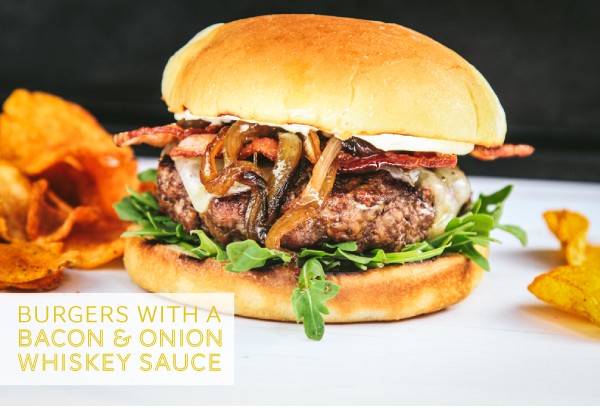 Image of Burgers with a Bacon and Onion Whiskey Sauce