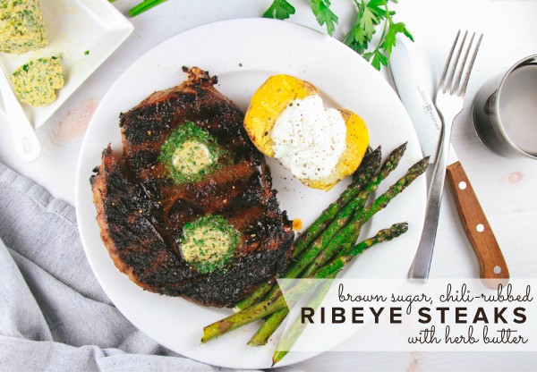 Image of Brown Sugar, Chili-Rubbed Ribeye Steaks with Herb Butter