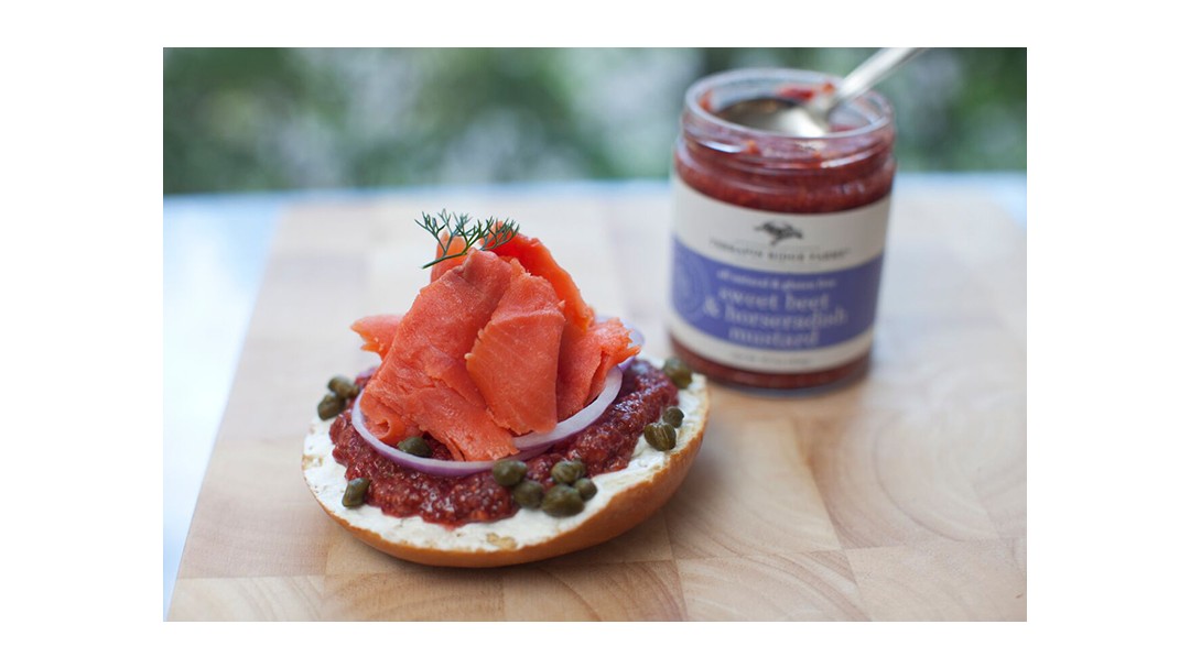 Image of Sweet Beet and Horseradish Bagel with Lox