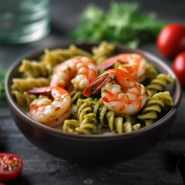 Image of Lentil Pasta with Pesto and Grilled Shrimp