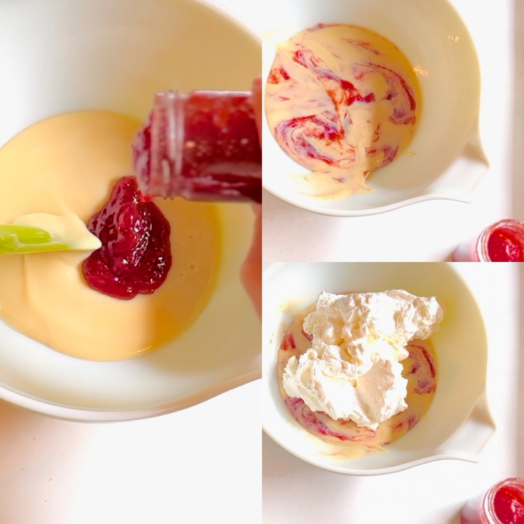 Image of Whisk sweetened condensed milk and half the jar of jam in large mixing bowl.