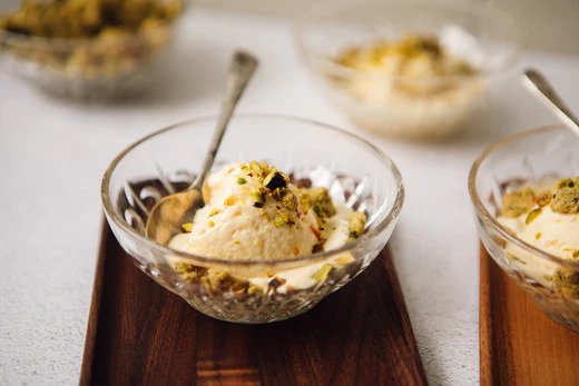 Image of Saffron & Honey No-Churn Ice Cream with Pistachio Crumb