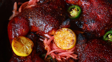 Image of Grilled BBQ Chicken Quarters with Pickled Onions & Jalapenos