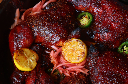 Grilled BBQ Chicken Quarters with Pickled Onions & Jalapenos