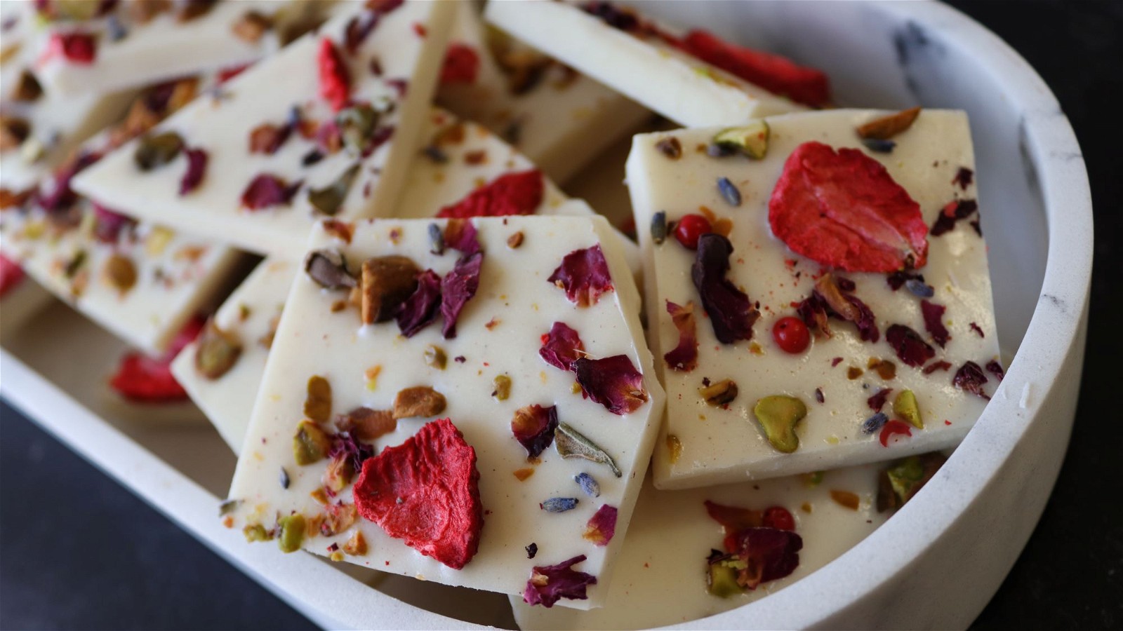 Image of Rose, Strawberry, Pistachio White Chocolate Bark with Pepper Berry Salt