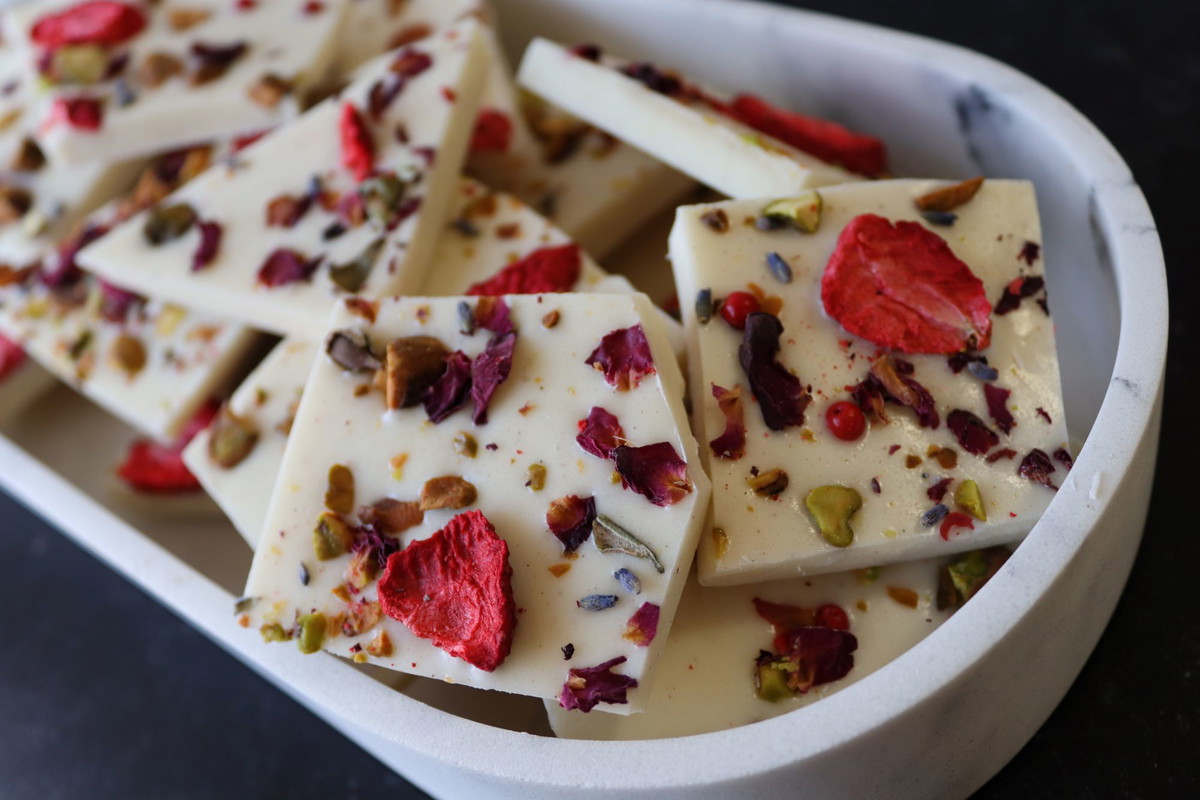 Rose, Strawberry, Pistachio White Chocolate Bark with Pepper Berry Salt