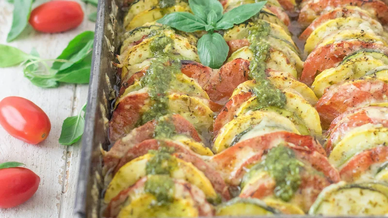 Image of Vegetarian Pesto Bake Recipe with Seasonal Veggies
