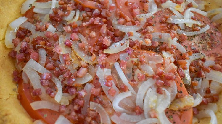 Image of Crisp bacon and then set aside and cook onions in...