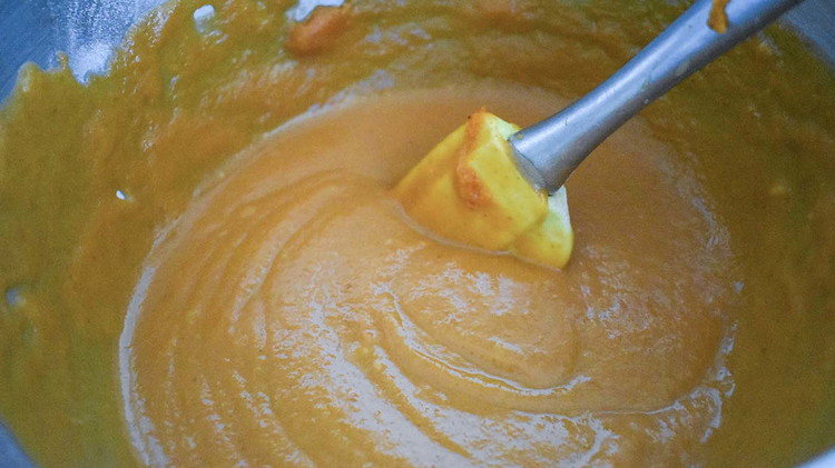 Image of Preheat oven to 450°. Blend pumpkin, sugars, corn syrup, flour, milk, vanilla and salt.