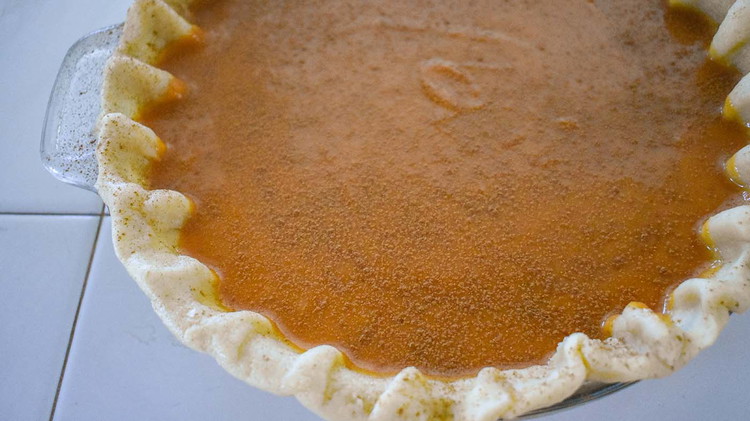Image of Pour mixture into an unbaked pie shell and sprinkle cinnamon on top.