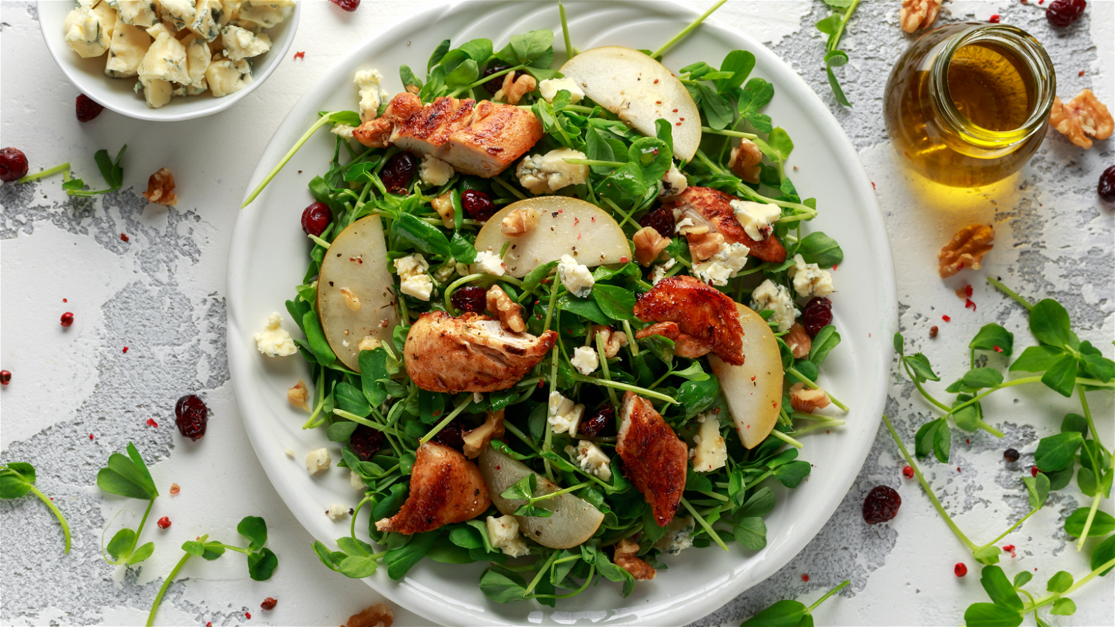 Image of The Best Pear Salad With Grilled Chicken, Feta, & Elderberry Vinaigrette