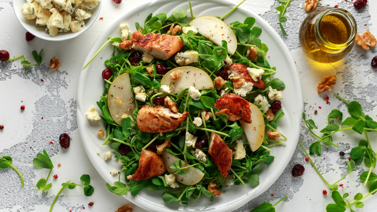 The Best Pear Salad With Grilled Chicken, Feta, & Elderberry Vinaigrette