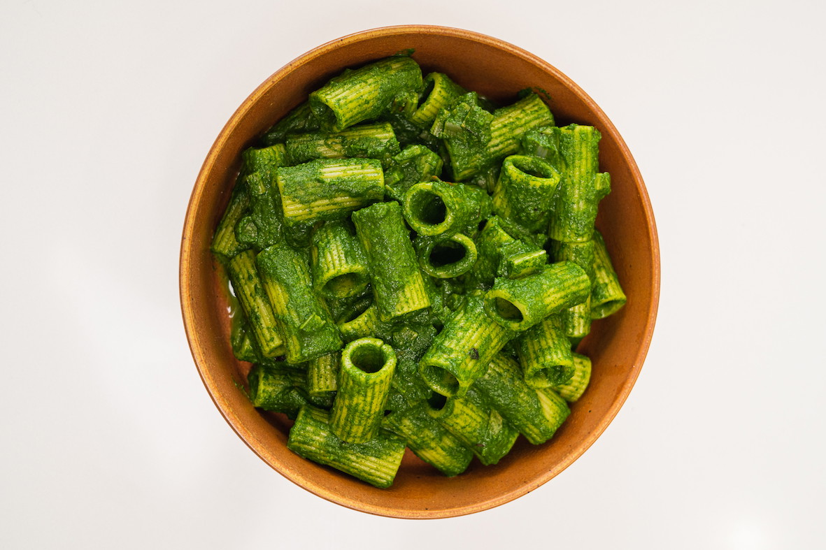 Rigatoni with chard, garlic, chilli and parmesan