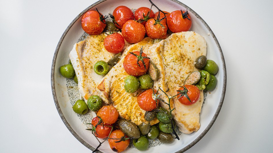 Image of Roast swordfish, tomatoes, olives, capers