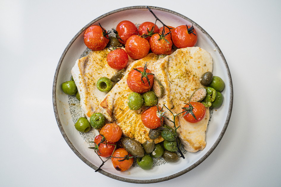 Roast swordfish, tomatoes, olives, capers