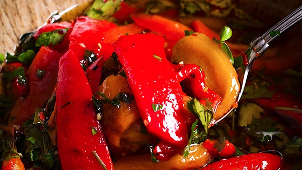 Marinated Peppers (Capsicum) and tomatoes and sweet and spicy chilli Salad