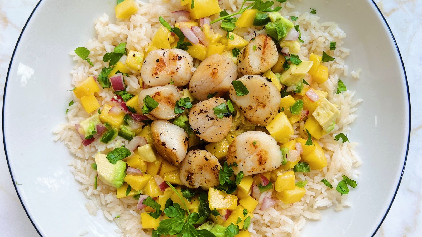 Image of Island Style Grilled Scallops with Mango Salsa and Coconut Rice
