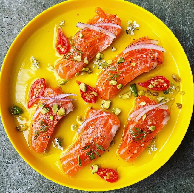 Image of Mediterranean Salmon Crudo with Pistachio